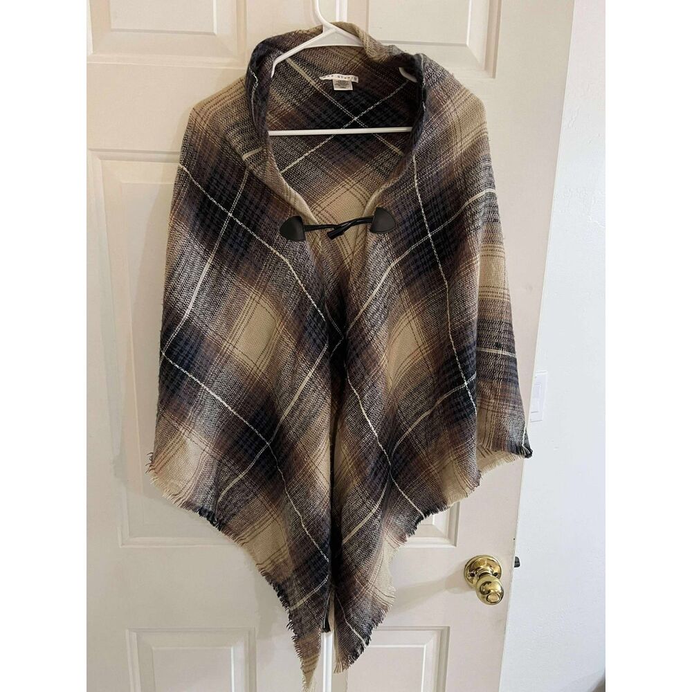 Max Studio Womens Brown Plaid Poncho Wrap Shawl One Size Fall Layering